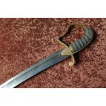18th/19th C Sabre with 32 inch curved broad single fullered blade, with brass crosspiece and knuckle
