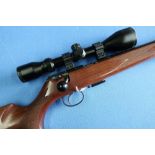 Anschutz model 1517 carbine .17 HMR rifle fitted with sound moderator and Hawke Reflex 4-12x50 scope