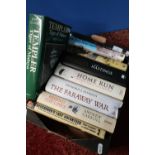 Small box of military related hard back books including The Far Away War, Kitchener's Last