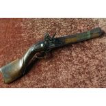 19th C flintlock knee Blunderbuss pistol with 11 1/2 inch flared muzzle barrel, cavalry style