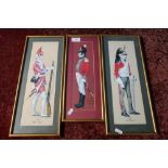 Three framed and mounted over painted prints of British soldiers from 1812 and 1756