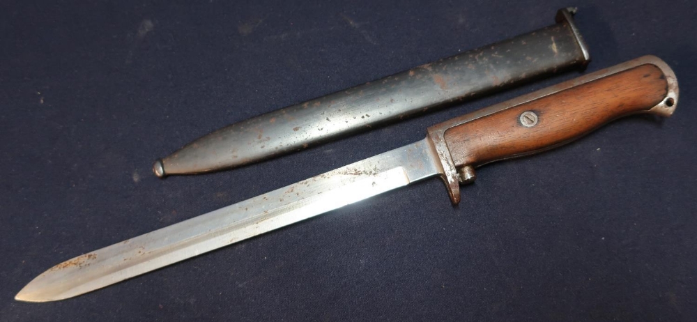 Norwegian M1894 bayonet with 8 inch blade, wooden grip and steel sheath stamped 15647