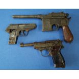 Replica Mauser broom handle pistol, a P38 pistol and a Walter PDP (all replicas A/F)