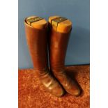 Pair of mens tan leather riding boots with zip up backs and wooden trees (size 11.5)