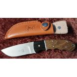 Boxed as new Elk Ridge sheath knife ER128 with two piece wooden grip and tan leather sheath