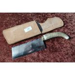 Sheffield made cleaver with 6 1/4 inch blade and Sambar horn grip, complete with leather sheath