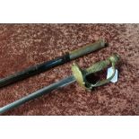 Continental Courtiers types sword with 29.5 inch blade and brass guard, grip and knuckle bow,