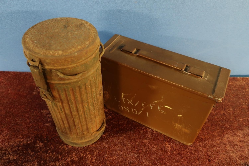 WWII period German gas mask canister and a 250 Cart British Ammo tin (2)