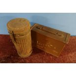 WWII period German gas mask canister and a 250 Cart British Ammo tin (2)