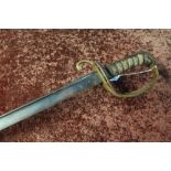 Victorian sword with 33 inch slightly curved blade with white top strap and three bar half basket