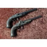 Pair of French percussion cap pistols converted from flintlock, with 9 inch octagonal barrels with