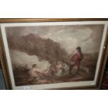 Gilt framed engraving 'The Fern Gatherers' published May 1799, painted by G Moorland, engraved