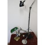 Brass and green glass shaded desk lamp, another desk spot lamp and a floor standing lamp (3)