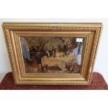 Large late 19th C Crystoleum of continental scene with ladies having afternoon tea in the garden, in