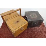 Concertina sewing box and oak sewing box with strap work detail containing a leather bound storage