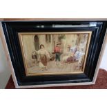 Large late 19th C Crystoleum of continental street scene of ladies and man admiring a young lady, in