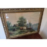 Gilt framed coloured print of cattle at waters edge by W J Hulk (82cm x 62cm including frame)