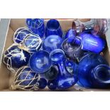 Box containing a large quantity of blue glass including Victorian and later, fishing plates etc