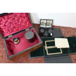 19th C rosewood box with hinged top, a circular box, a magnifying telescopic type lens, a folding