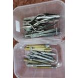 Pin vices, needles nose pliers, cutters, in two containers