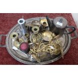 Large oval twin handled hammered pewter tray and part tea service, a modern design stainless steel