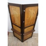 19th/20th C mahogany framed two sectional poker work screen depicting ladies and crests (90cm x