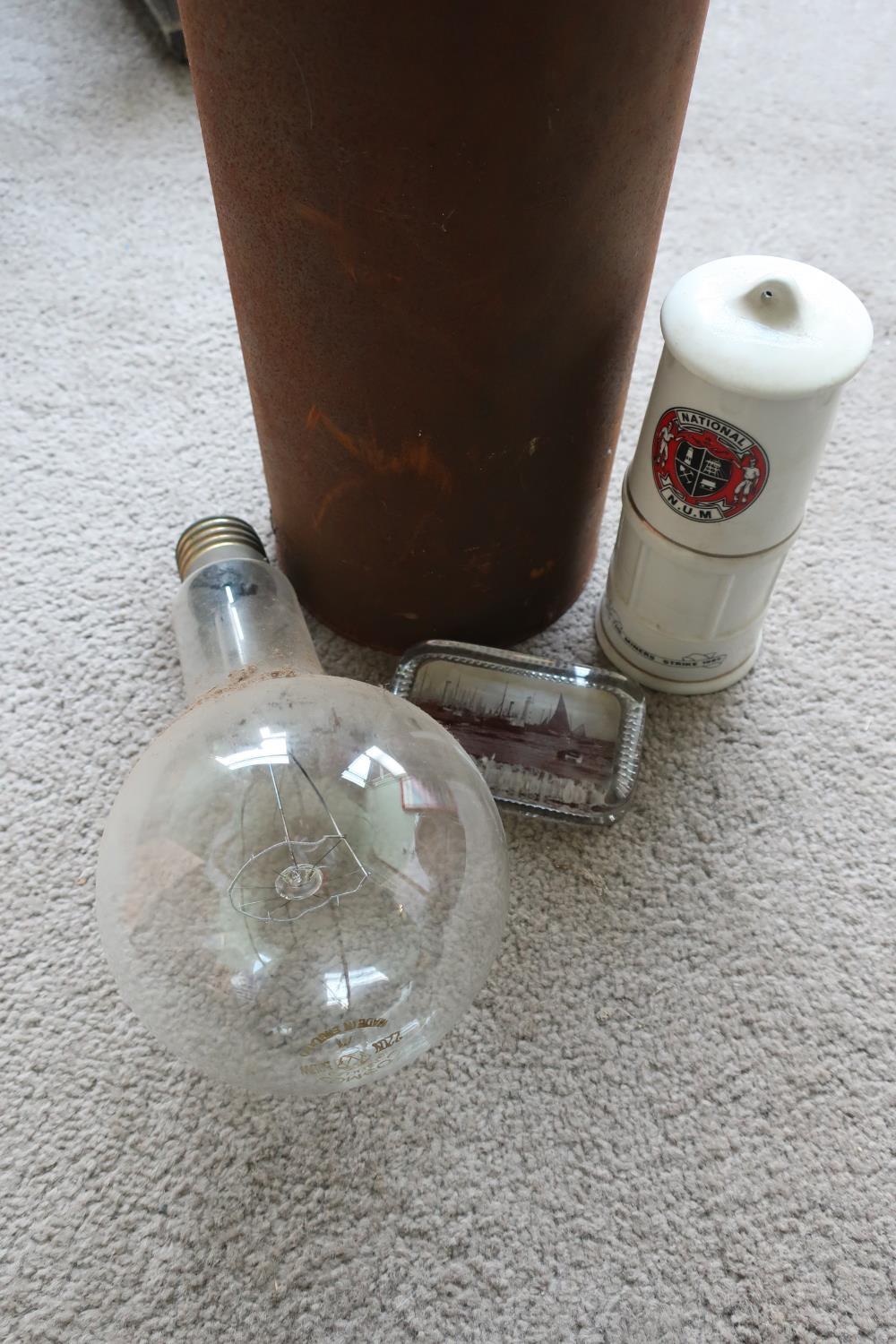 Extremely large screw fitted light bulb (27cm), a National Union of Miners commemorative miners