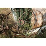 Extremely large cast steel multi spoke wheel (diameter 120cm) and two large barrel bands (diameter