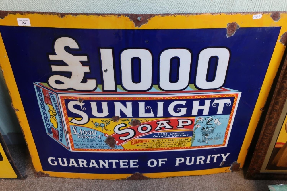 Enamel advertising sign for Sunlight Soap '£1000 Guarantee Of Purity' (91cm x 68.5cm)