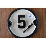 Heavy cast metal circular black and white No 5 and arrow road sign