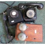 Vintage wall mounted wooden cased telephone marked GA22, another wall mounted Baker Light type