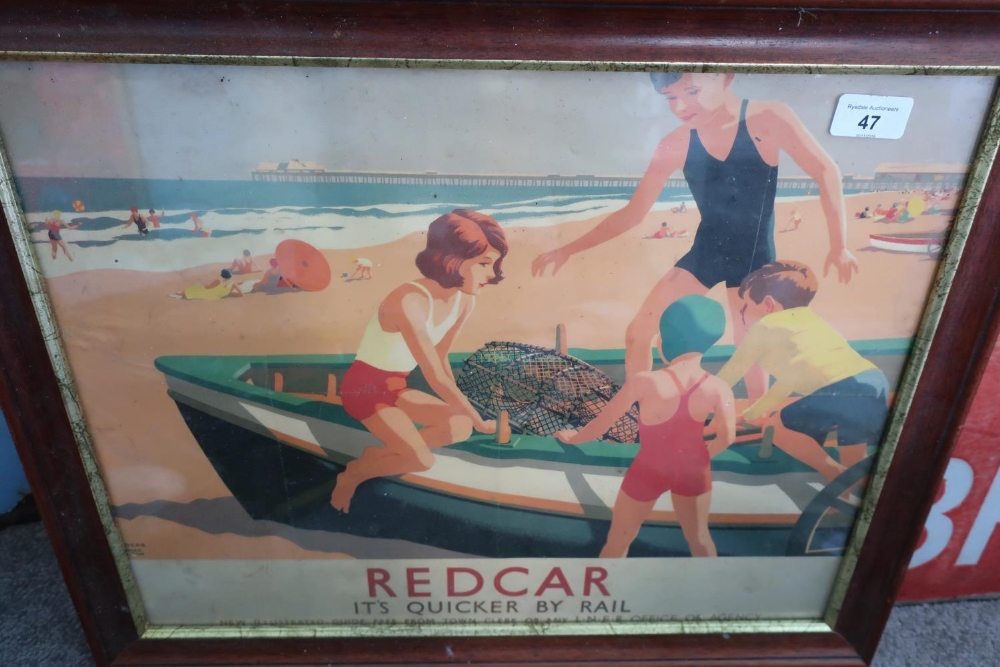 Framed cutdown LNER railway poster for Redcar (58cm x 48cm)