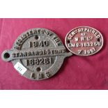 Cast metal railway wagon plate marked Registered By The LMS Standard 14 tonnes 1940 168261, and a