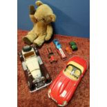 Collection of die-cast collectors cars, vintage teddy bear etc