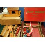 Wooden constructed model train racing car and various other items including a box Roulette Set,
