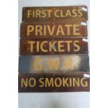 Five copper rectangular plaques with later added painted detail for Private Tickets, No Smoking etc