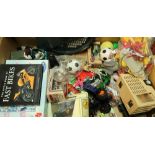 Selection of various toys in one box including collectors cards, dinosaurs, puzzles, etc