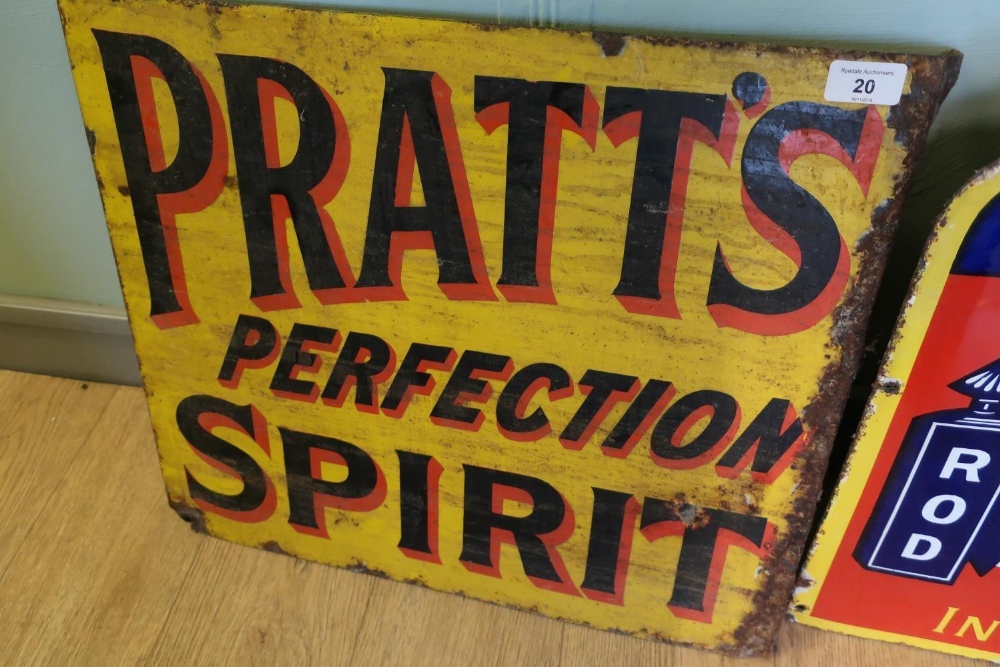 Double sided enamel advertising sign for Pratt's Perfection Spirit (53.5cm x 45.5cm)