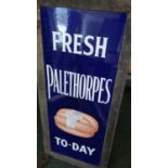 Vintage enamel advertising sign for Fresh Pale Thorpes Sausages To-Day, in original frame (44.5m x