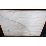 Framed map of England East Coast River Tees to Scarborough, copyright 1975 (110cm x 77cm including