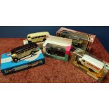 Boxed Corgi AEC Regal Coach, another coach, Corgi Tramlines, Corgi Classic Ambulance and Great