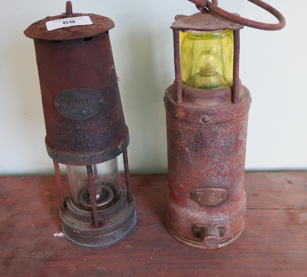 Newcastle Upon Tyne miners lamp no.291 and another miners type lamp with brass plaque no.791 base