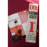Enamel warning Limited Clearance sign (30cm x 30.5cm) and a GWR platform ticket 1D tin sign (45.