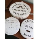Three cast metal railway signal arms counter balance weights including Railway Signal Co Limited