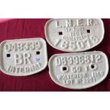 Group of three white painted cast metal railway wagon plates including LNER 12 tonne 1931 Darlington