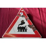 Enamel triangular train warning sign