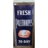 Framed and mounted vintage enamel advertising sign 'Fresh Palethorpes To-day' Palethorpes