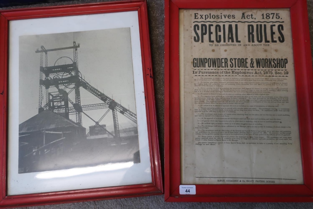 Framed photographic print of a mine head and a framed Explosives Act 1875 Special Rules poster for