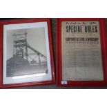 Framed photographic print of a mine head and a framed Explosives Act 1875 Special Rules poster for