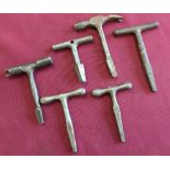 Collection of six railway door keys and combination tools, one with a claw hammer head, various